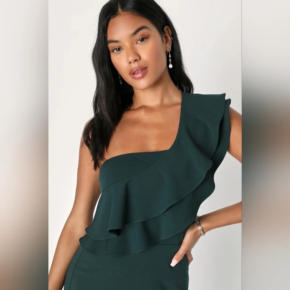 Lulus Grand Beauty Emerald Ruffled One-Shoulder Mermaid Maxi Dress M Wedding